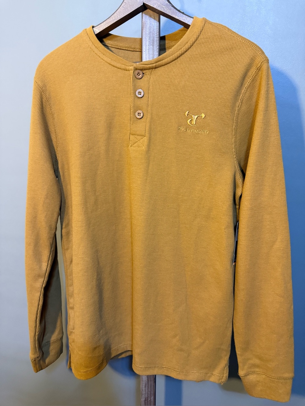 Men's Long-Sleeve Henley in Mustard with Subtle Chest Logo